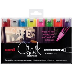 UNI LIQUID CHALK MARKER 8.0MM Chisel Tip Assorted Colour Pack of 8