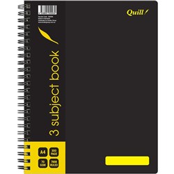 QUILL NOTEBOOK  3 SUBJECT A4 7mm Ruled 70gsm 300 Page Black 10599A
