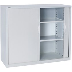 FNX GO TAMBOUR DOOR CUPBOARD With 2 Shelves White Roll Back Doors 900W x 473D x 1016mmH