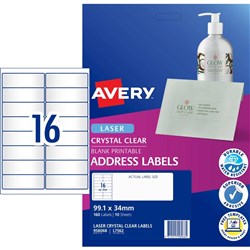 AVERY L7562 CLEAR LABELS LASER 16/Sht 99.1 x 34mm 10Shts 10 sheets Crystal Clear