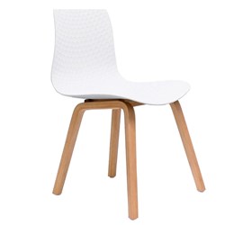 FNX LUCID BREAKOUT ROOM CHAIR Light Oak Timber Leg White Patterned Poly Shell