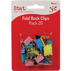 STAT. FOLDBACK CLIPS 15mm Pack of 20 Assorted Colours
