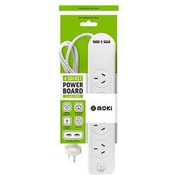 Moki 4 Outlet Powerboard With 2 USB-A Ports And Surge Overlo