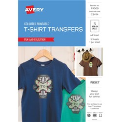 AVERY IJ77 T-SHIRT TRANSFERS Inspired A4 Colour T Shirt 5Pk Suits inkjet printers