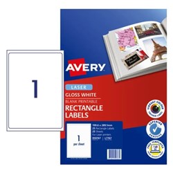 AVERY COLOUR LASER LABEL GLOSS White L7767 199.6x289.1mm 1UP 25 Sheets