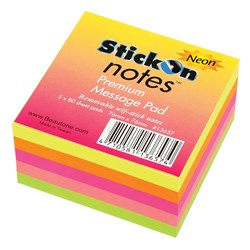 BEAUTONE STICKON NOTES CUBE 76x76 5x 80Sht Pad Neon Asst Discontinued#