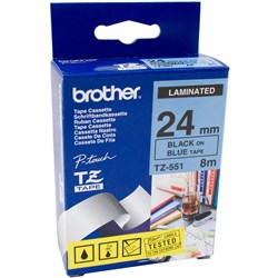BROTHER TZ551 PTOUCH TAPE CASS 24mmx8mtBlack On Blue Tape