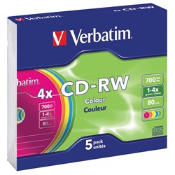VERBATIM REWRITABLE CD-RW 700MB 4x 74Min Slim Case 5Pack Discontinued#