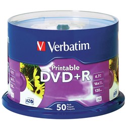 VERBATIM RECORDABLE DVD+R 4.7GB 16x Printable White Pk50