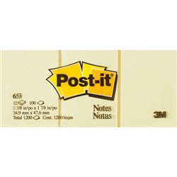 POST-IT 653 NOTES ORIGINAL 100Shts 38x50mm Yellow, Pk12 XP001005139