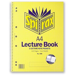 SPIRAX 598 LECTURE BOOK 140Pge A4 2xPockets 7mm Ruled S/Open