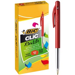 BIC CLIC BALLPOINT PENS Medium Red Box10