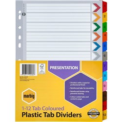 MARBIG PLASTIC DIVIDER Reinforced A4 1-12 Tab Multi Coloured