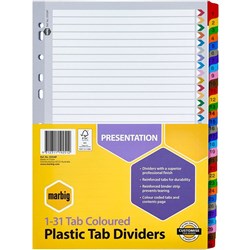 MARBIG COLOURED DIVIDERS A4 PP 1-31 Reinf Tab