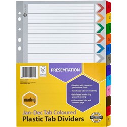 MARBIG PLASTIC INDICES & Dividers A4 Reinforced Jan-Dec Tab Multi Colour