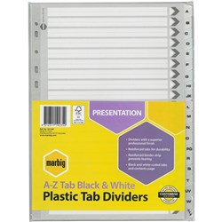 MARBIG PLASTIC TAB DIVIDERS Black & White, Board Reinf A-Z