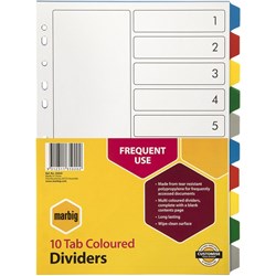 MARBIG COLOURED DIVIDERS A4 PP 10 Tab Multi Includes 10 Tabs