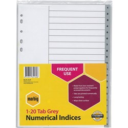 MARBIG NUMERICAL DIVIDERS A4 PP 1-20 Grey