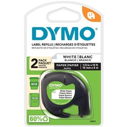 DYMO LETRATAG LABELLING TAPE 12mmx4m Paper, White Pack/2