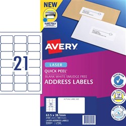 AVERY L7160 MAILING LABELS Laser 21/Sht 63.5x38mm 100Shts