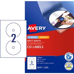 AVERY L7676 MEDIA LASER LABELS CD/DVD 117mm 2/Sht Whte 25Shts Discontinued#