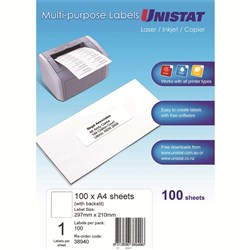 UNISTAT LASER/INKJET LABELS Copier 1/Sht 297x210mm 100Shts