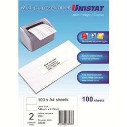 UNISTAT LASER/INKJET LABELS Copier 2/Sht 148x210mm 100Shts