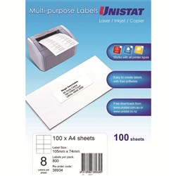 UNISTAT LASER/INKJET LABELS Copier 8/Sht 105x74mm 100Shts