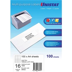 UNISTAT LASER/INKJET LABELS Copier 16/Sht 105x37mm 100Shts