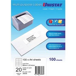 UNISTAT LASER/INKJET LABELS Copier 20/Sht 98x25mm 100Shts Discontinued#