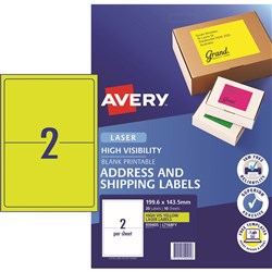 AVERY LABELS HI VIS SHIPPING Flouro Yellow 2Up 10 sheets