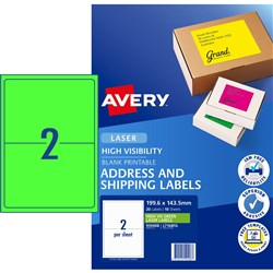 AVERY LABELS HI VIS SHIPPING Flouro Green 2Up 10 sheets