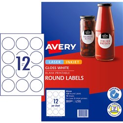 AVERY L7105 WHITE ROUND GLOSS Labels 12up 60mm Pack of 10 10 sheets 120 labels circle