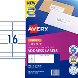 AVERY J8162-50 MAILING LABELS Inkjet 16/Sht 99.1x34mm 50Shts