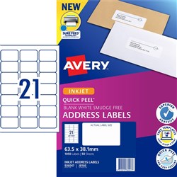 AVERY J8160-25 MAILING LABELS Inkjet 21/Sht 63.5x38mm 25Shts