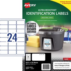 AVERY ULTRA RESISTANT CHEMICAL Grade Laser Labels White Pack of 10 (240) L7912 63.5x 33.9mm