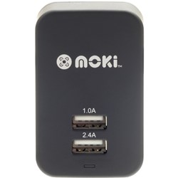 MOKI DUAL USB WALL CHARGER 3.4A + 1A Black