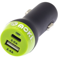 MOKI DUAL CAR CHARGER PLUS Type C 3.0A & USB 2.4A